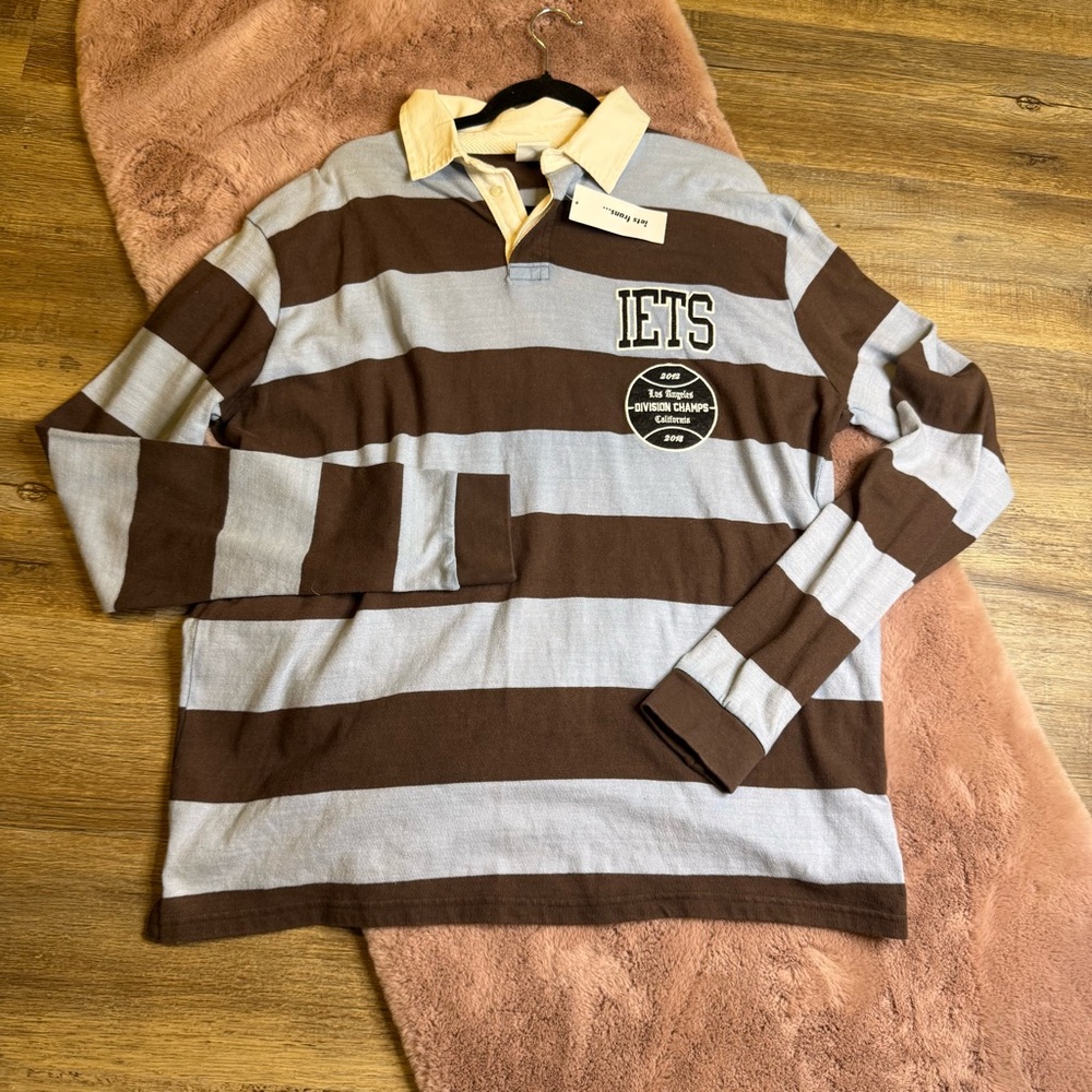 Urban Outfitters Brown and Light Gray Striped Rugby Polo